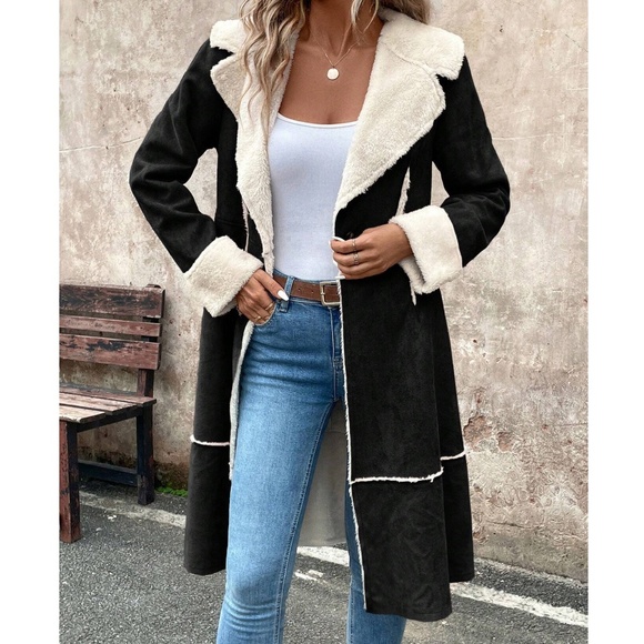 Luxe Vegan Suede Teddy Lined Button Knee Length Jacket Coat - Picture 5 of 9